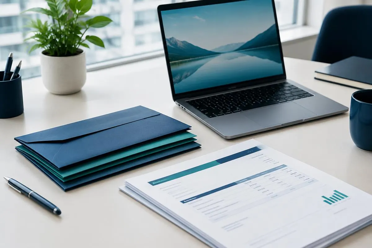 Lohnabrechnungen und Umschläge in Blau und Türkis neben einem Laptop auf einem hellen Schreibtisch
